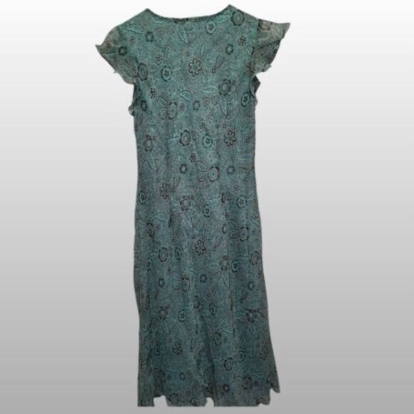 Dressbarn Women's Floral Long Teal Dress with Ruffle Sleeves - Size 10 - Picture 2 of 3